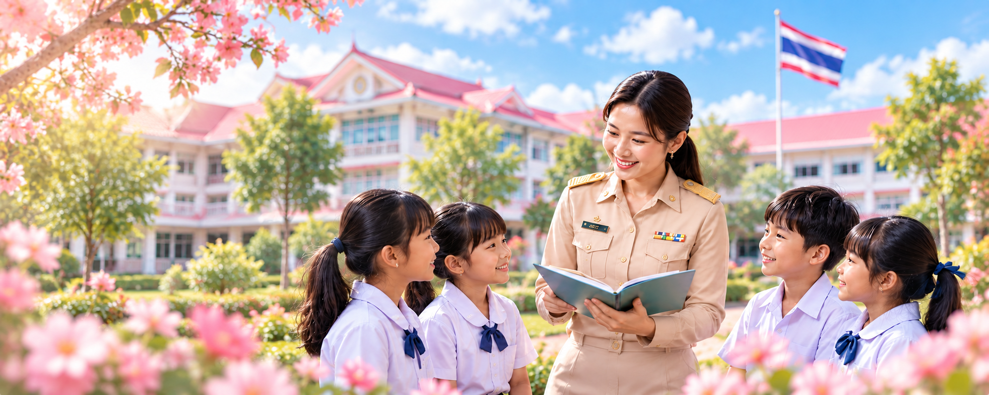 ครูในชุดข้าราชการจัดกิจกรรมการเรียนรู้ร่วมกับนักเรียน